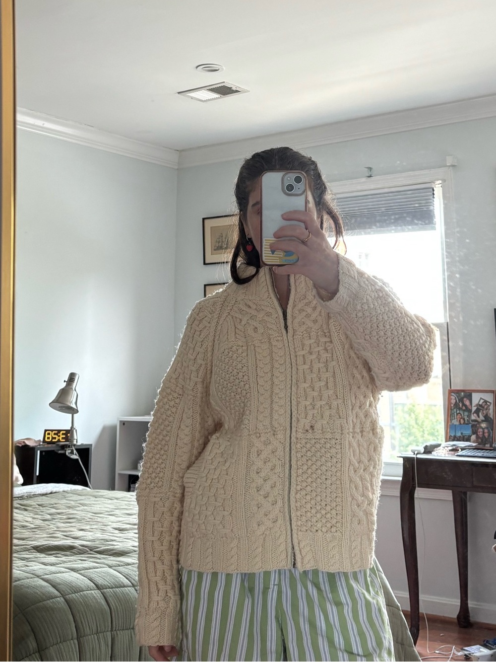 Blarney Woolen Mills Women's Cream Cable Zip-Up Knit Cardigan Sweater